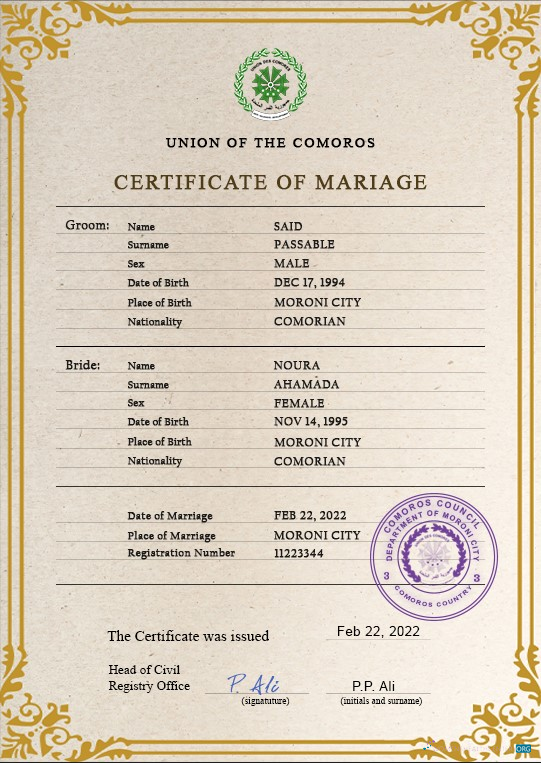 Download Comoros marriage certificate PSD template Photoshop template